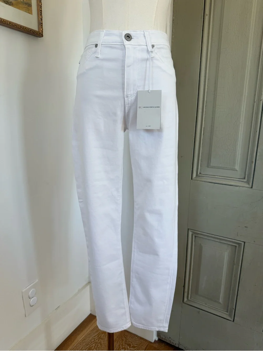 NWT AG Denim in White Luscious Stretch Sateen Prima Crop Cigarette Leg